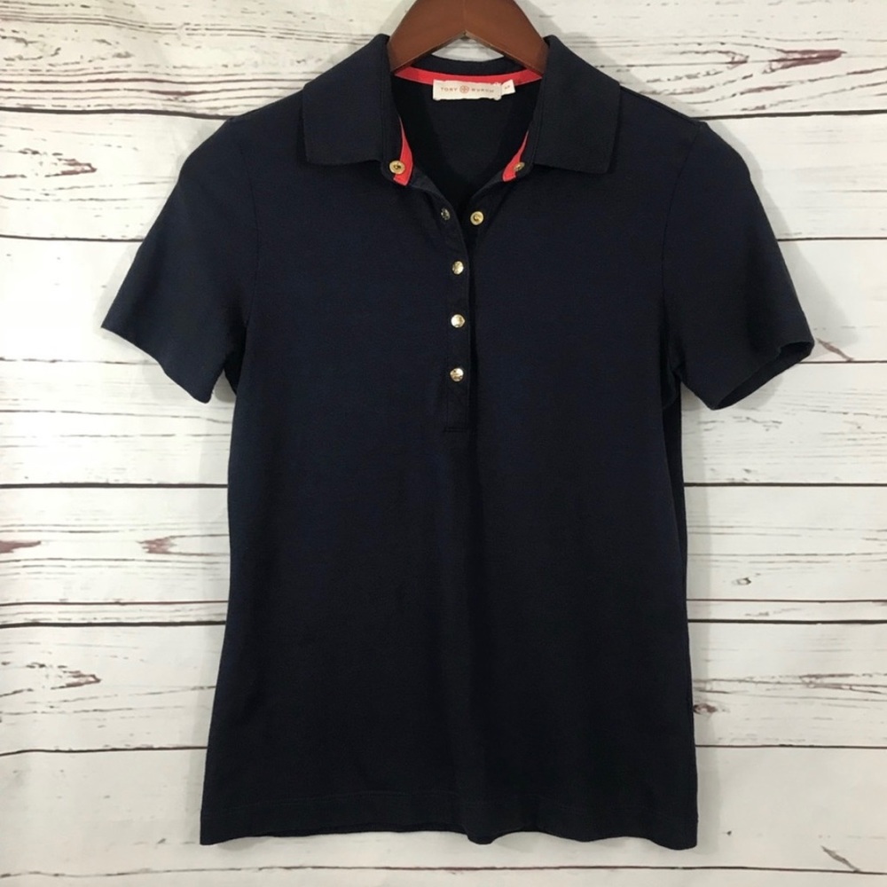 Tory Burch Navy Logo Buttons Snap Polo